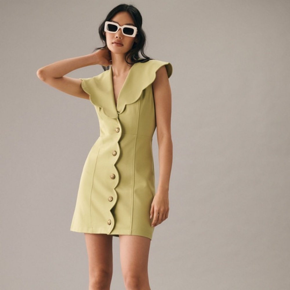 Anthropologie Maeve Scalloped Green Button Down Dress